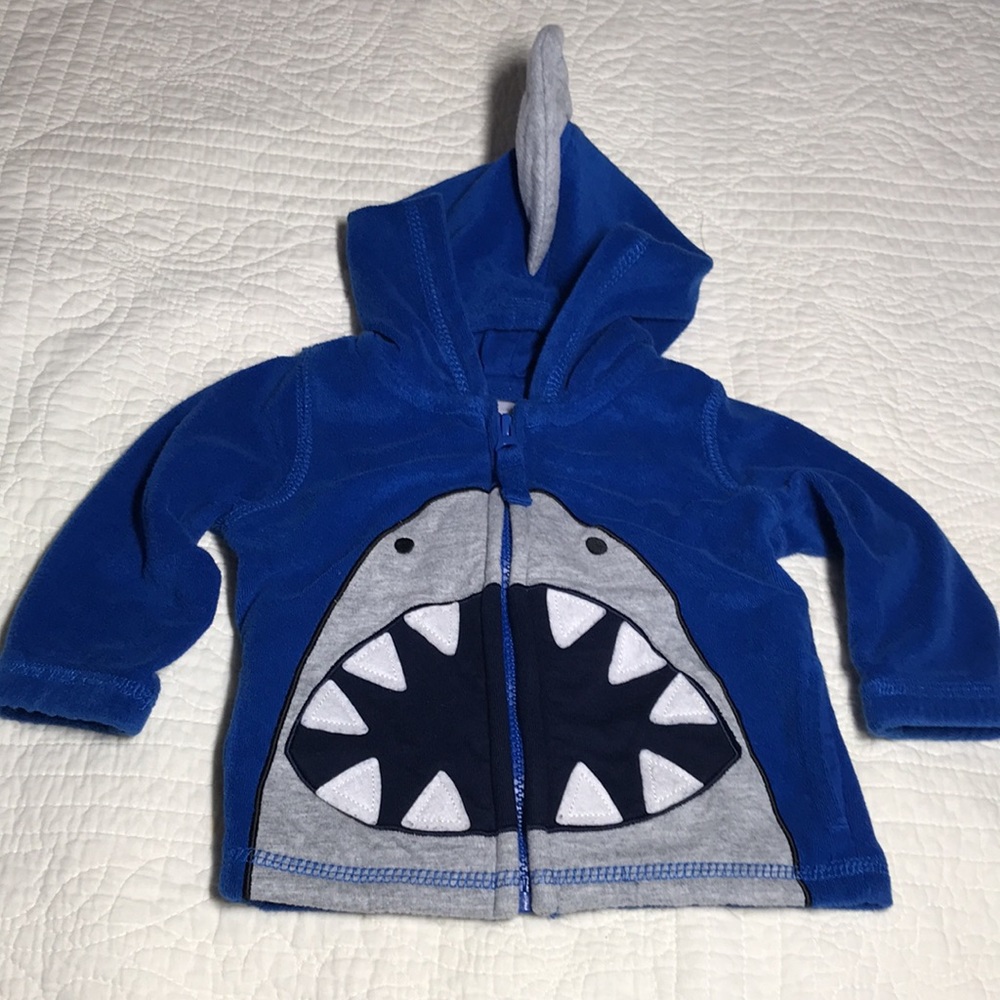 HA Hanna Andersson 3-6M Boy Jacket with Hood Zip up Cover Up Blue Shark Face